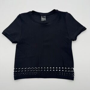 Express Womens Black Ribbed Short Sleeve Crop Top Laser Cut Hem Size S/M